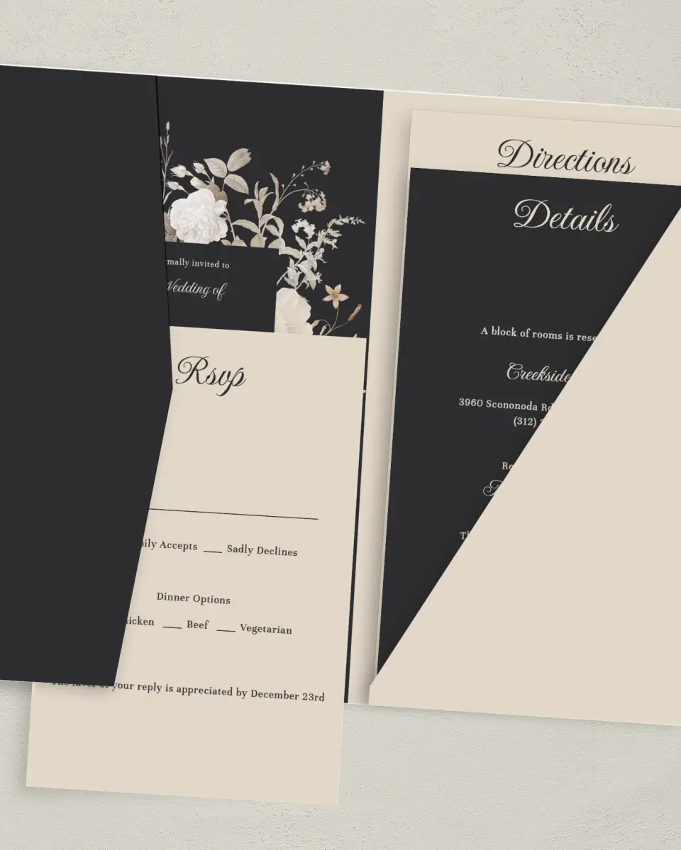 This is a 5" x 7⅞" Pocket Wedding Invitation called Winter Wildflowers printed in full color on Premium Smooth paper