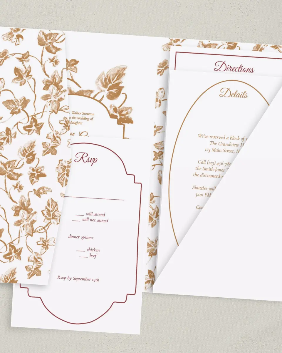 This is a 5" x 7⅞" Pocket Wedding Invitation called Elegant Autumn printed in full color on Premium Smooth paper