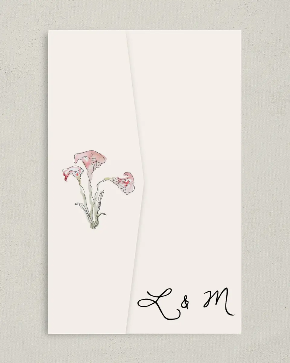 This is a 5" x 7⅞" Pocket Wedding Invitation called Forever Bud printed in full color on Premium Smooth paper