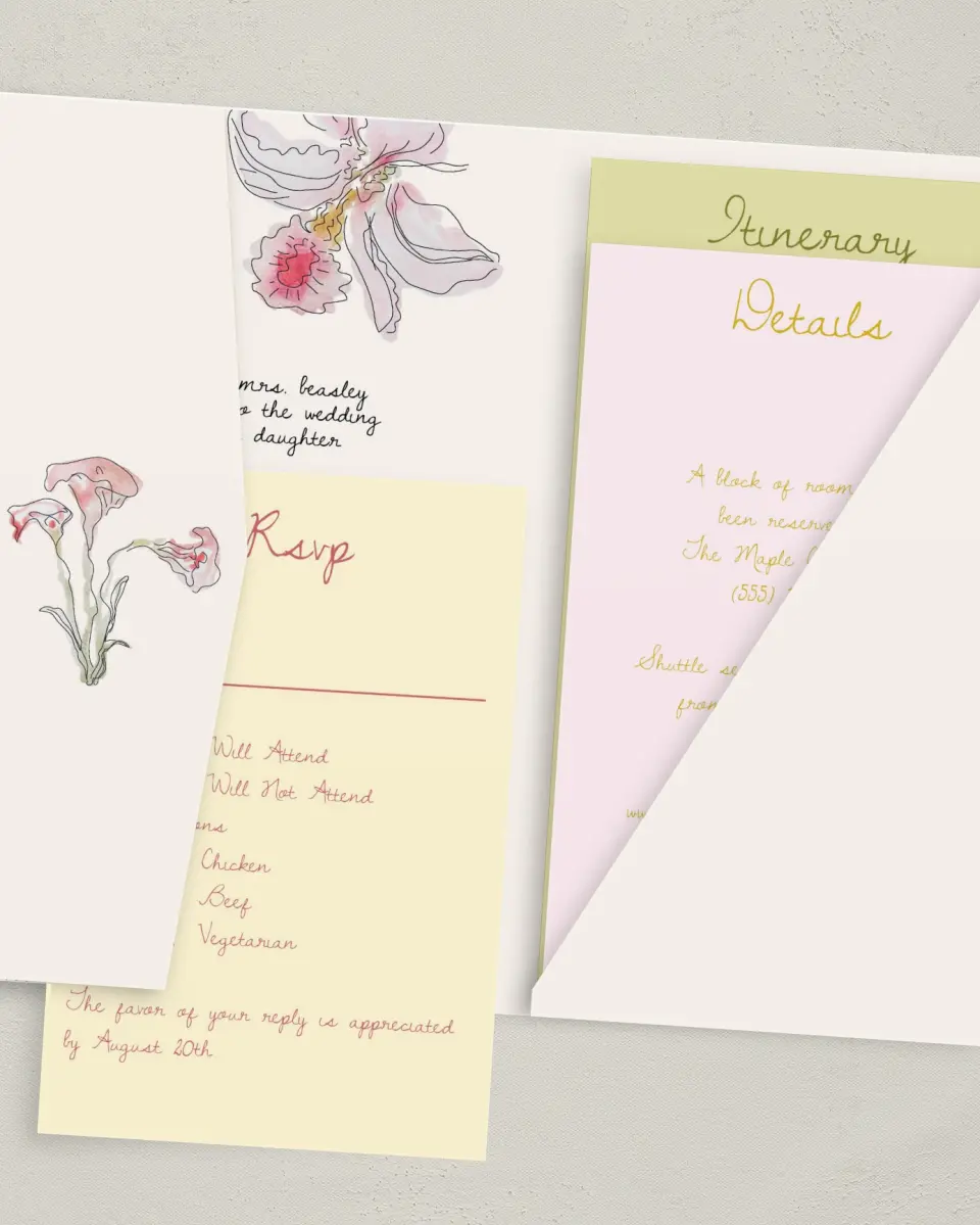 This is a 5" x 7⅞" Pocket Wedding Invitation called Forever Bud printed in full color on Premium Smooth paper