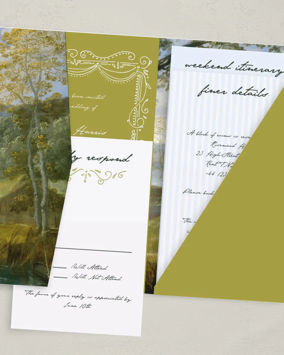 This is a 5" x 7⅞" Pocket Wedding Invitation called With Love printed in full color with Gold foil on Luxe Satin (coated) paper