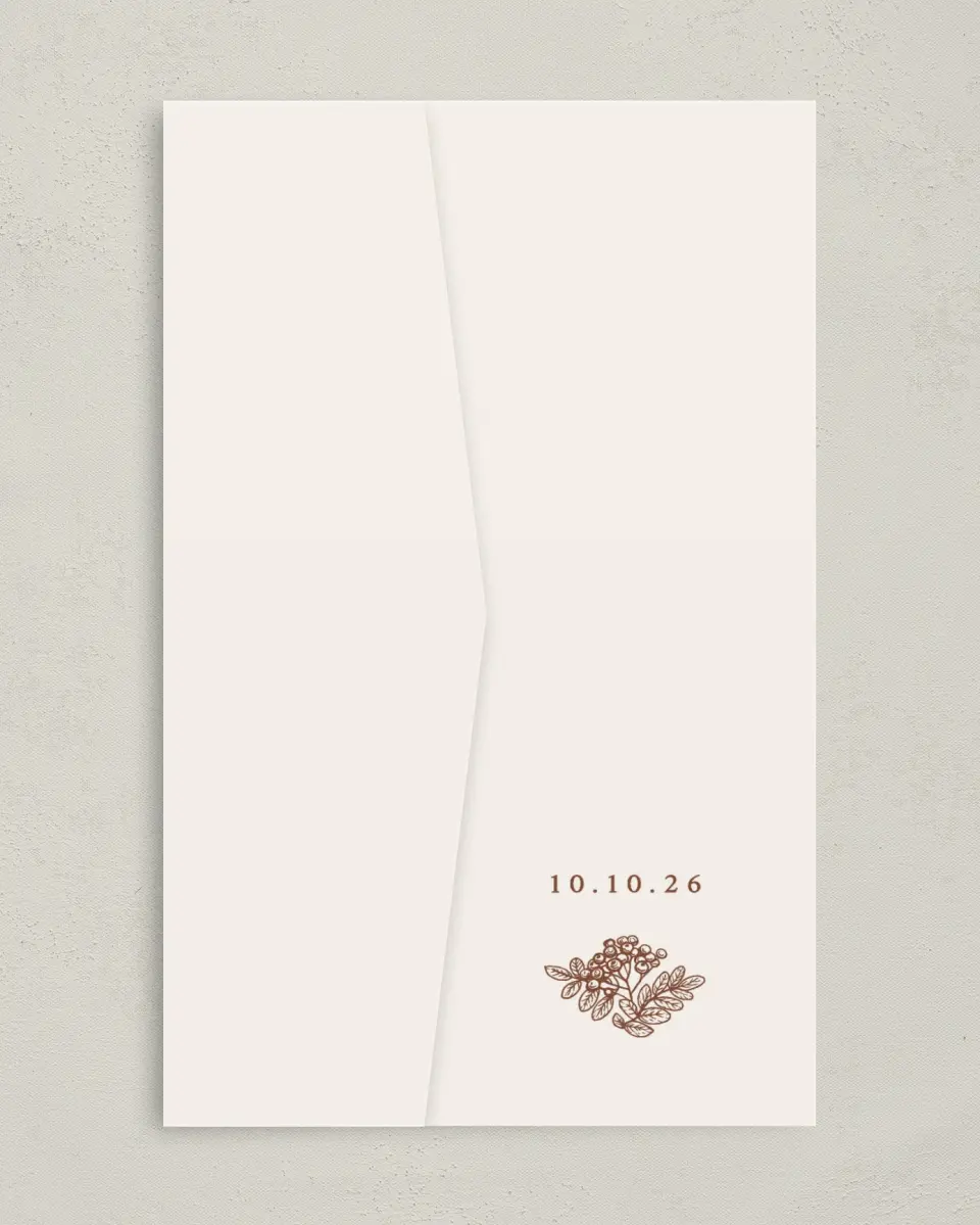 This is a 5" x 7⅞" Pocket Wedding Invitation called Autumn Vow printed in full color on Premium Smooth paper