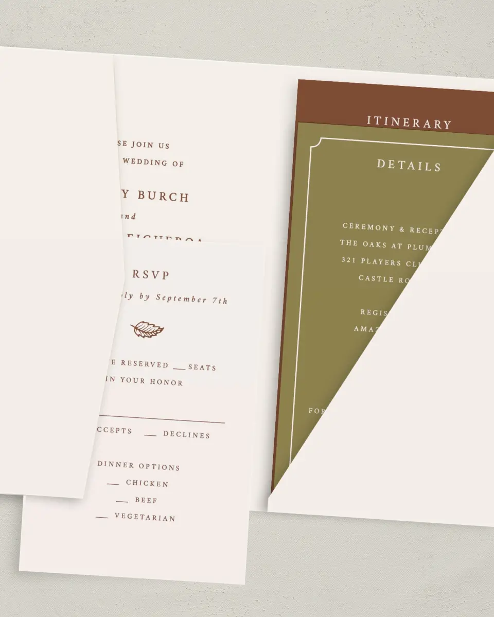 This is a 5" x 7⅞" Pocket Wedding Invitation called Autumn Vow printed in full color with Gold foil on Luxe Satin (coated) paper