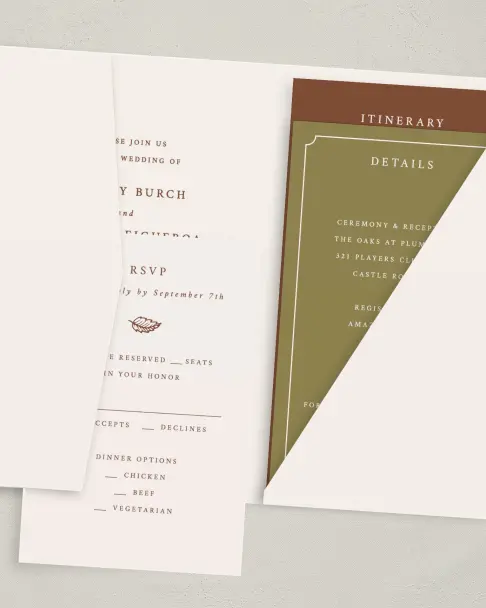 This is a 5" x 7⅞" Pocket Wedding Invitation called Autumn Vow printed in full color on Premium Smooth paper