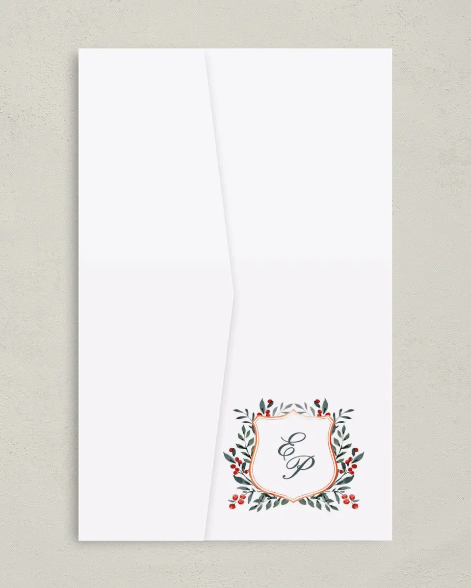 This is a 5" x 7⅞" Pocket Wedding Invitation called Heirloom Holly printed in full color on Premium Smooth paper