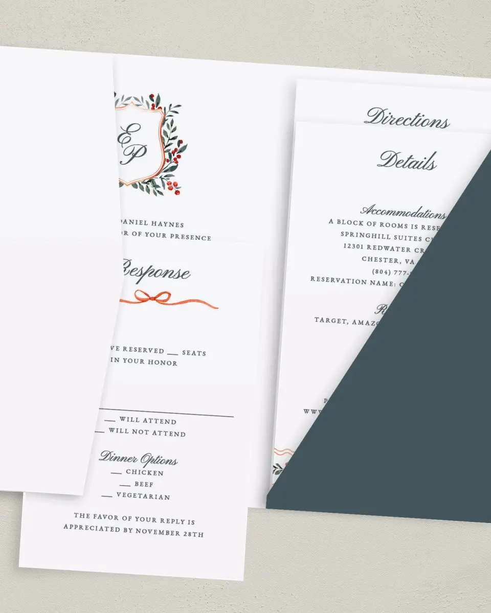 This is a 5" x 7⅞" Pocket Wedding Invitation called Heirloom Holly printed in full color on Premium Smooth paper