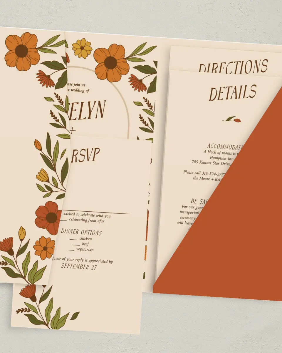This is a 5" x 7⅞" Pocket Wedding Invitation called Wild + Bright printed in full color with Gold foil on Luxe Satin (coated) paper