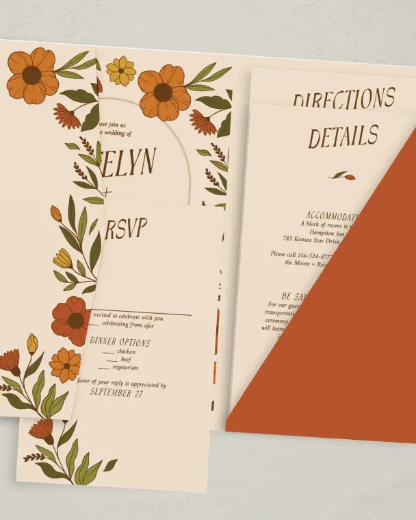 This is a 5" x 7⅞" Pocket Wedding Invitation called Wild + Bright printed in full color on Premium Smooth paper