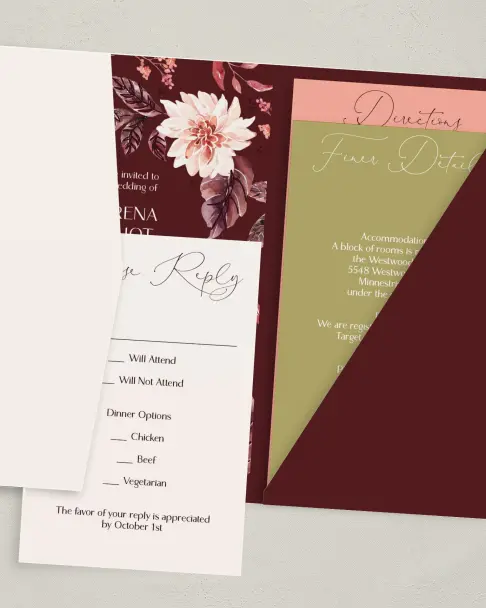 This is a 5" x 7⅞" Pocket Wedding Invitation called Fall Florals printed in full color on Premium Smooth paper
