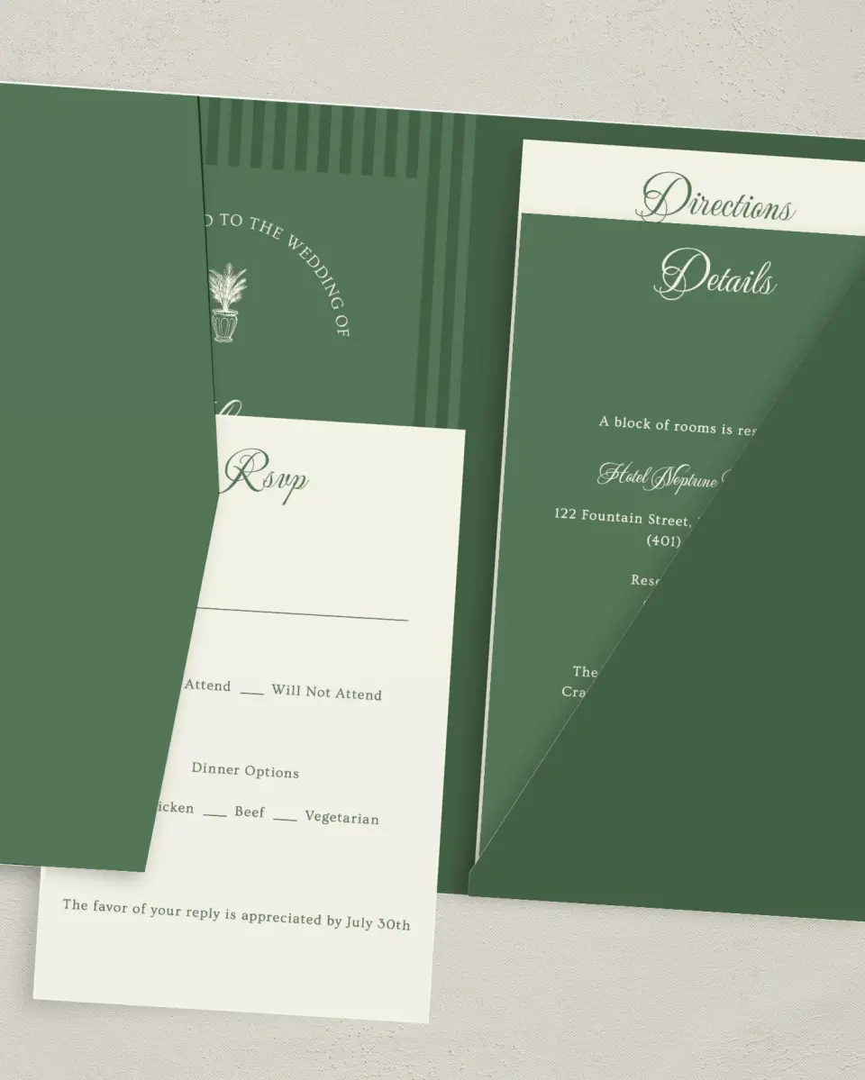 This is a 5" x 7⅞" Pocket Wedding Invitation called Warwick printed in full color with Gold foil on Luxe Satin (coated) paper