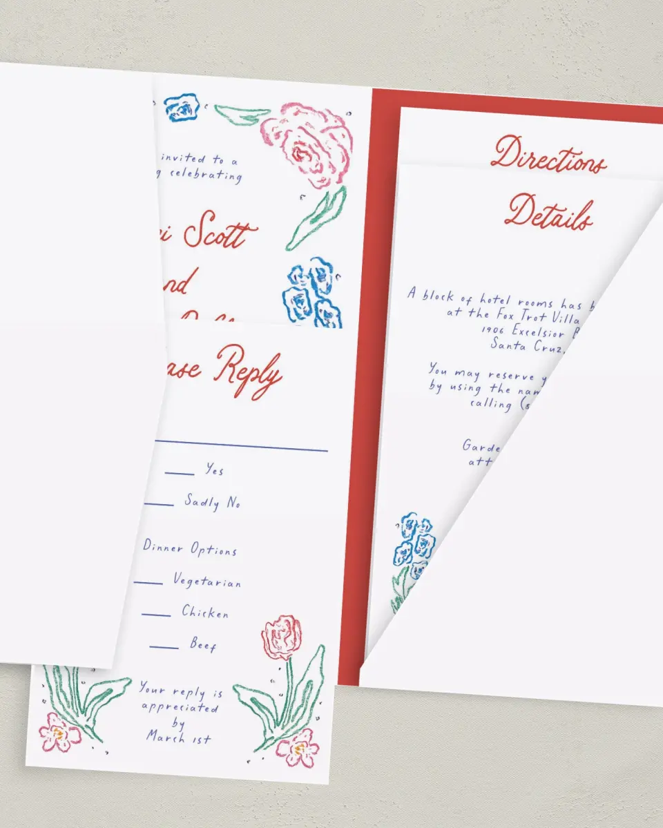 This is a 5" x 7⅞" Pocket Wedding Invitation called Whimsy Love printed in full color with Gold foil on Luxe Satin (coated) paper