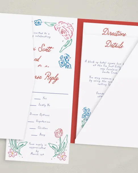 This is a 5" x 7⅞" Pocket Wedding Invitation called Whimsy Love printed in full color on Premium Smooth paper