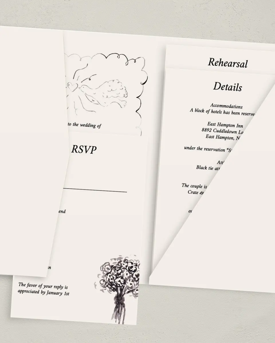 This is a 5" x 7⅞" Pocket Wedding Invitation called Mi Amor printed in full color with Gold foil on Luxe Satin (coated) paper