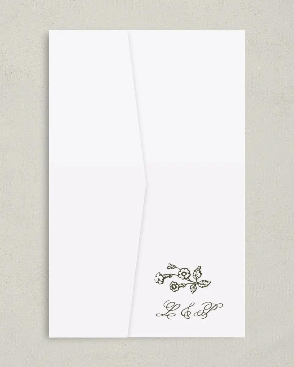 This is a 5" x 7⅞" Pocket Wedding Invitation called Holderness printed in full color on Premium Smooth paper