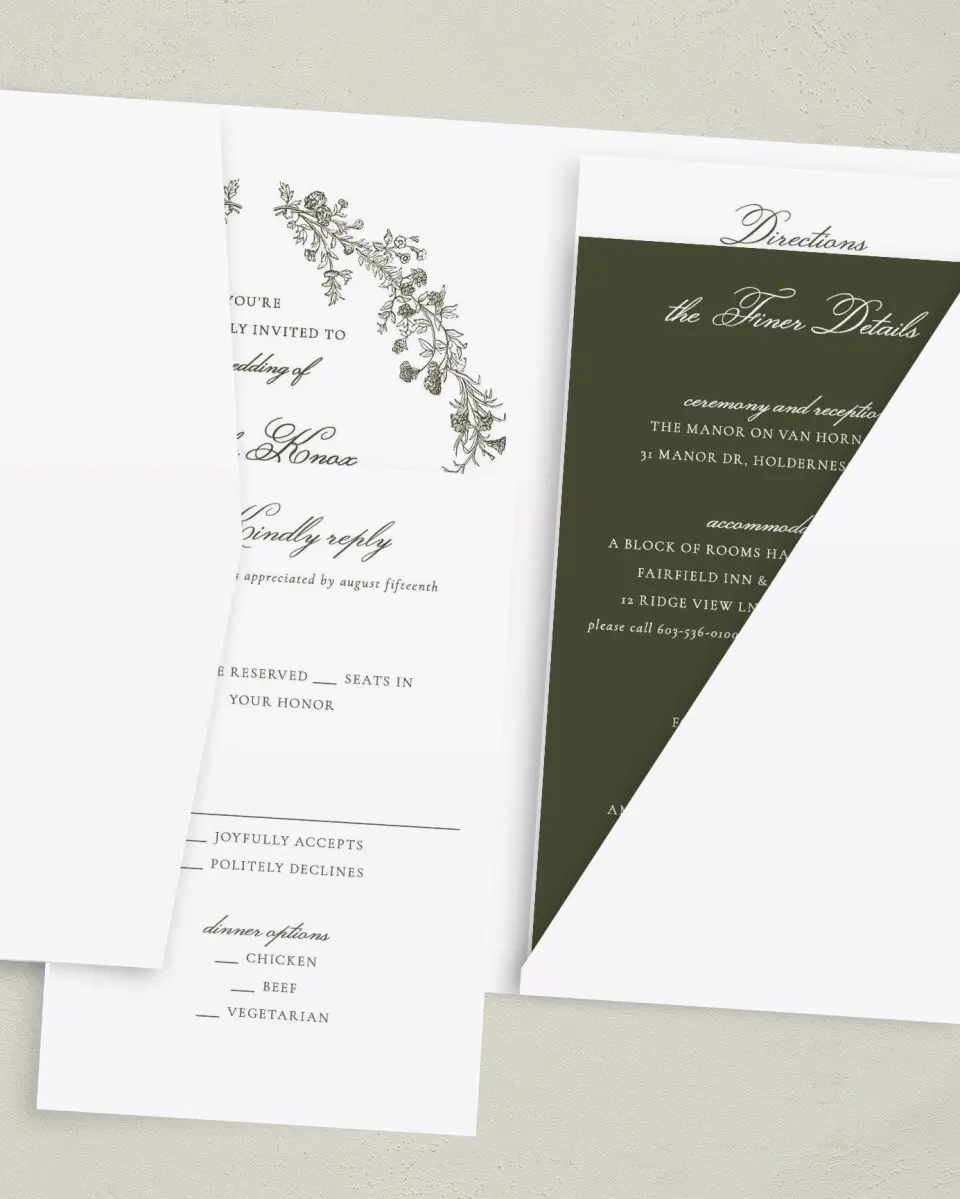 This is a 5" x 7⅞" Pocket Wedding Invitation called Holderness printed in full color with Gold foil on Luxe Satin (coated) paper