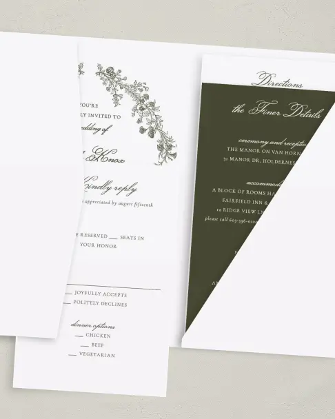 This is a 5" x 7⅞" Pocket Wedding Invitation called Holderness printed in full color on Premium Smooth paper