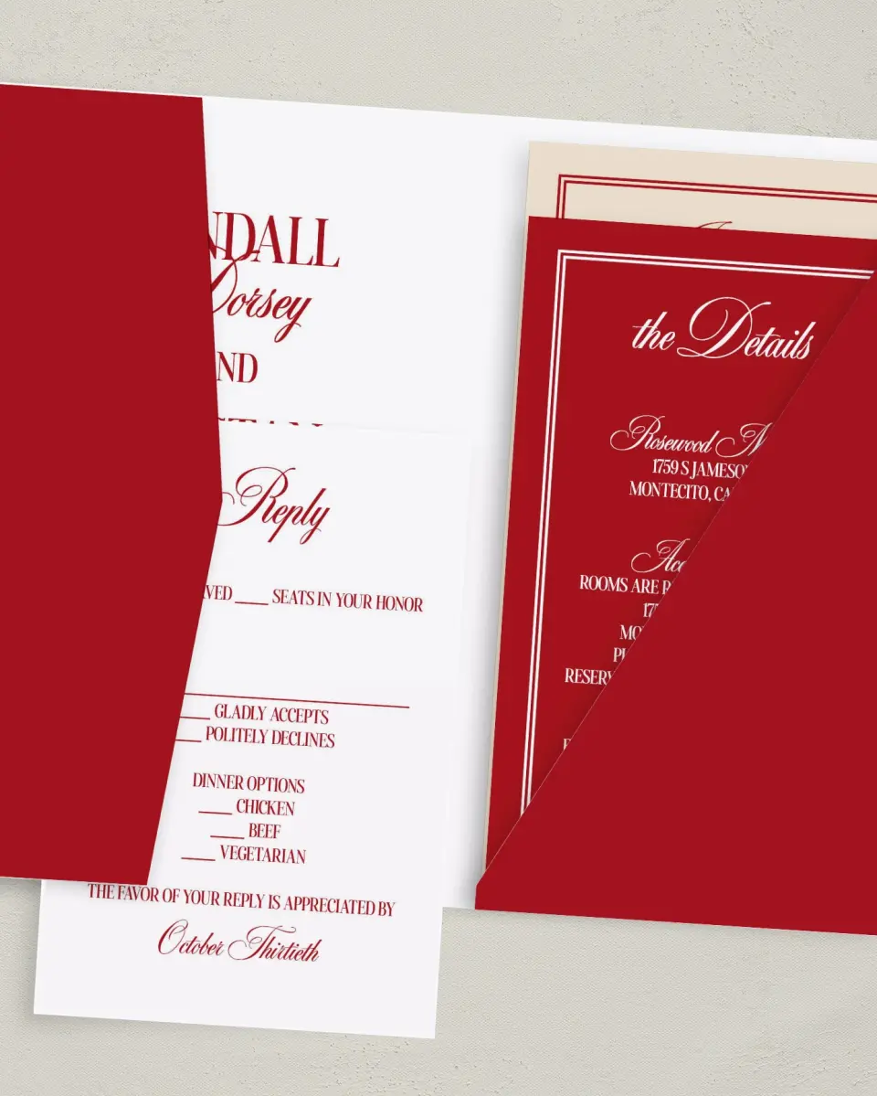 This is a 5" x 7⅞" Pocket Wedding Invitation called Montecito printed in full color with Gold foil on Luxe Satin (coated) paper