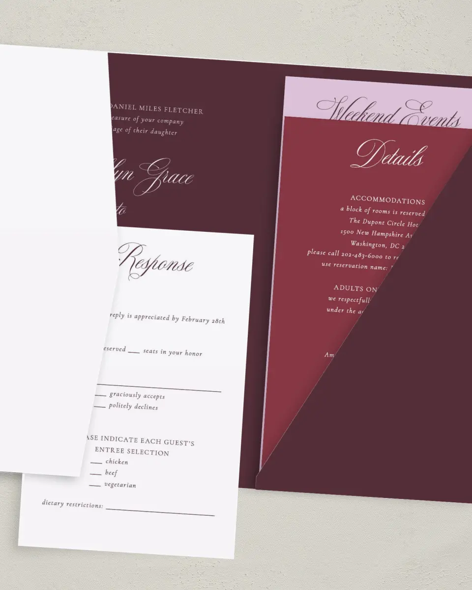 This is a 5" x 7⅞" Pocket Wedding Invitation called Georgetown printed in full color with Gold foil on Luxe Satin (coated) paper