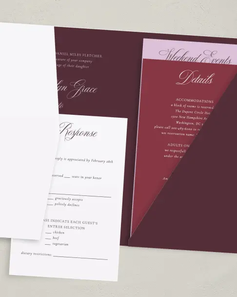 This is a 5" x 7⅞" Pocket Wedding Invitation called Georgetown printed in full color on Premium Smooth paper