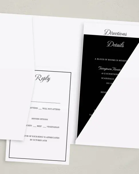 This is a 5" x 7⅞" Pocket Wedding Invitation called Scarsdale printed in full color on Premium Smooth paper