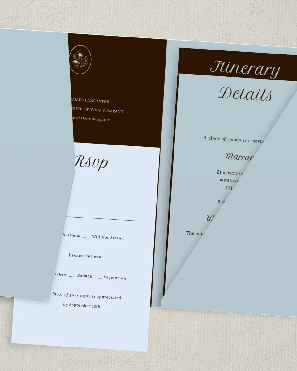 This is a 5" x 7⅞" Pocket Wedding Invitation called Montauk printed in full color with Gold foil on Luxe Satin (coated) paper