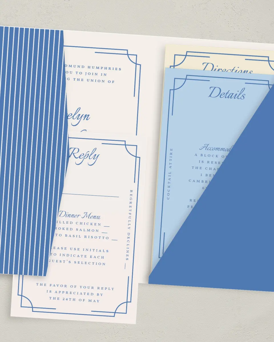 This is a 5" x 7⅞" Pocket Wedding Invitation called Cambridge printed in full color with Gold foil on Luxe Satin (coated) paper