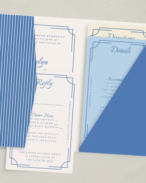 This is a 5" x 7⅞" Pocket Wedding Invitation called Cambridge printed in full color on Premium Smooth paper
