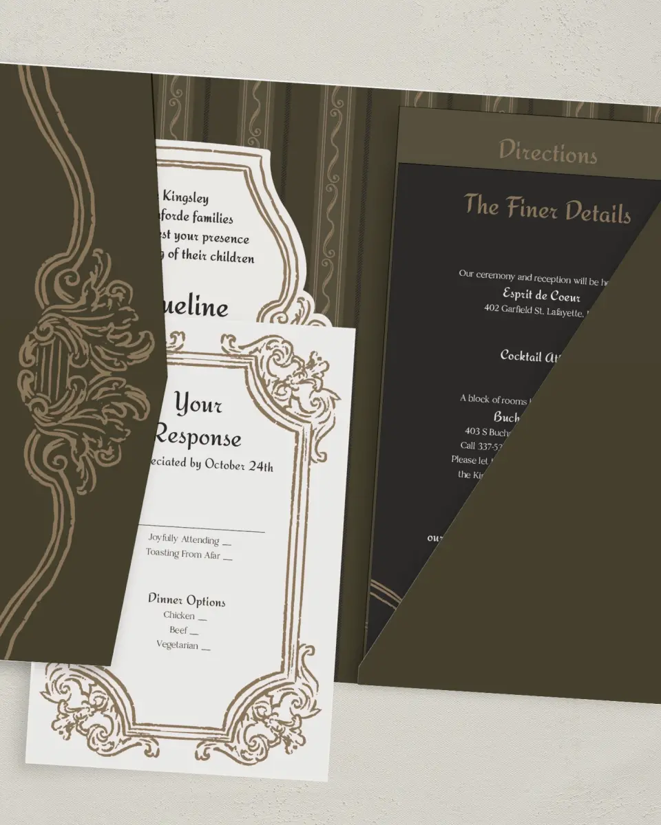 This is a 5" x 7⅞" Pocket Wedding Invitation called Lafayette printed in full color with Gold foil on Luxe Satin (coated) paper