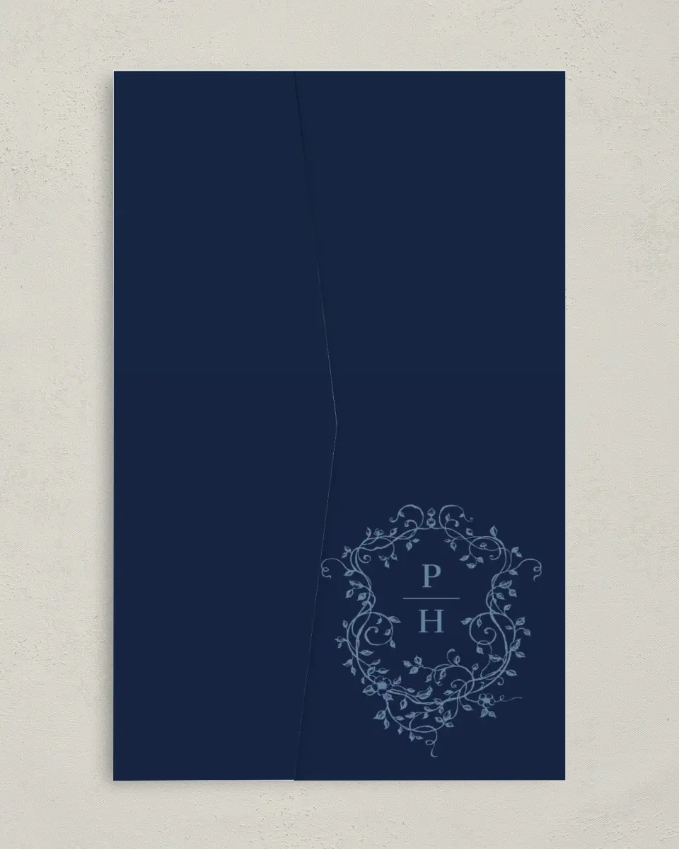 This is a 5" x 7⅞" Pocket Wedding Invitation called Berkeley printed in full color on Premium Smooth paper