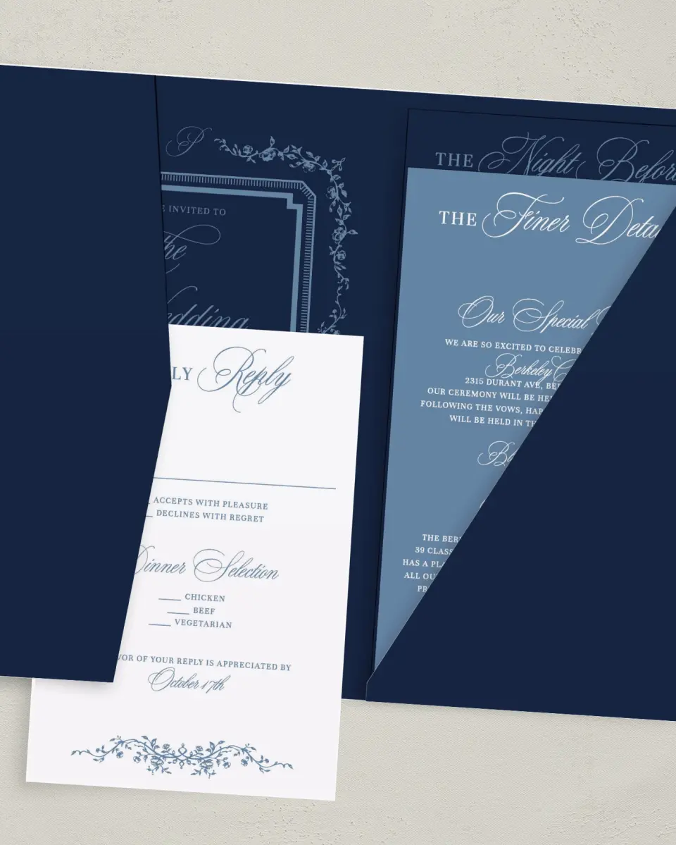 This is a 5" x 7⅞" Pocket Wedding Invitation called Berkeley printed in full color with Gold foil on Luxe Satin (coated) paper