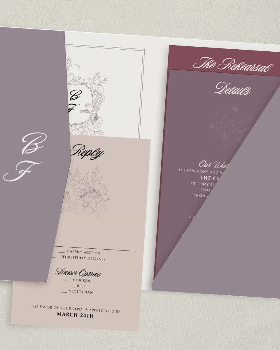 This is a 5" x 7⅞" Pocket Wedding Invitation called Charleston printed in full color with Gold foil on Luxe Satin (coated) paper