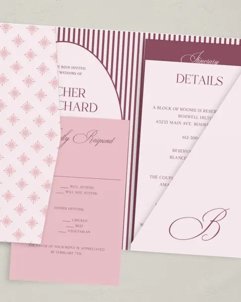 This is a 5" x 7⅞" Pocket Wedding Invitation called Roswell printed in full color on Premium Smooth paper
