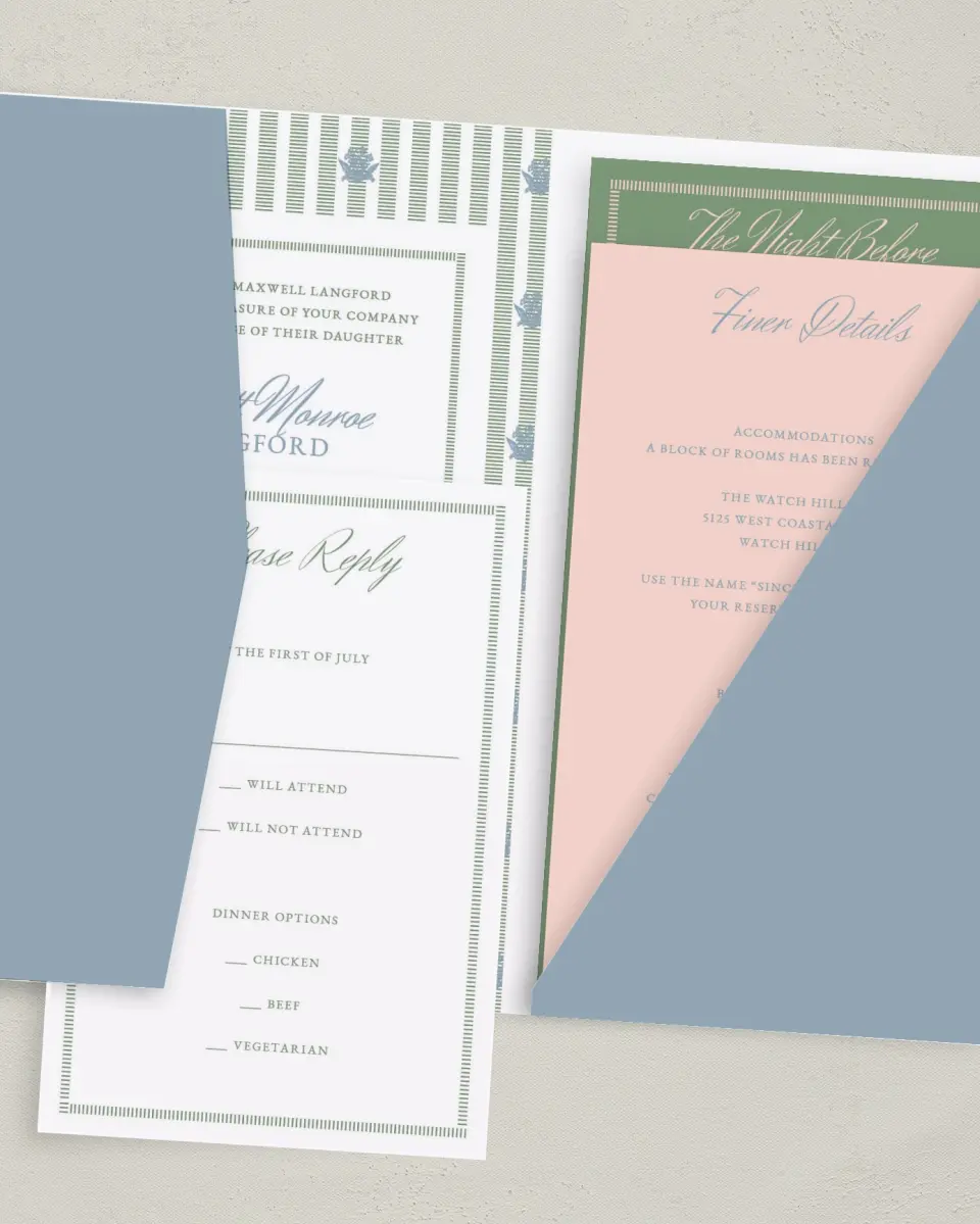 This is a 5" x 7⅞" Pocket Wedding Invitation called Watch Hill printed in full color with Gold foil on Luxe Satin (coated) paper