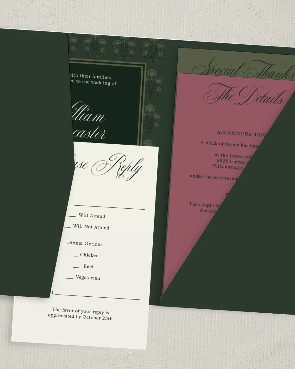 This is a 5" x 7⅞" Pocket Wedding Invitation called Hillsborough printed in full color with Gold foil on Luxe Satin (coated) paper