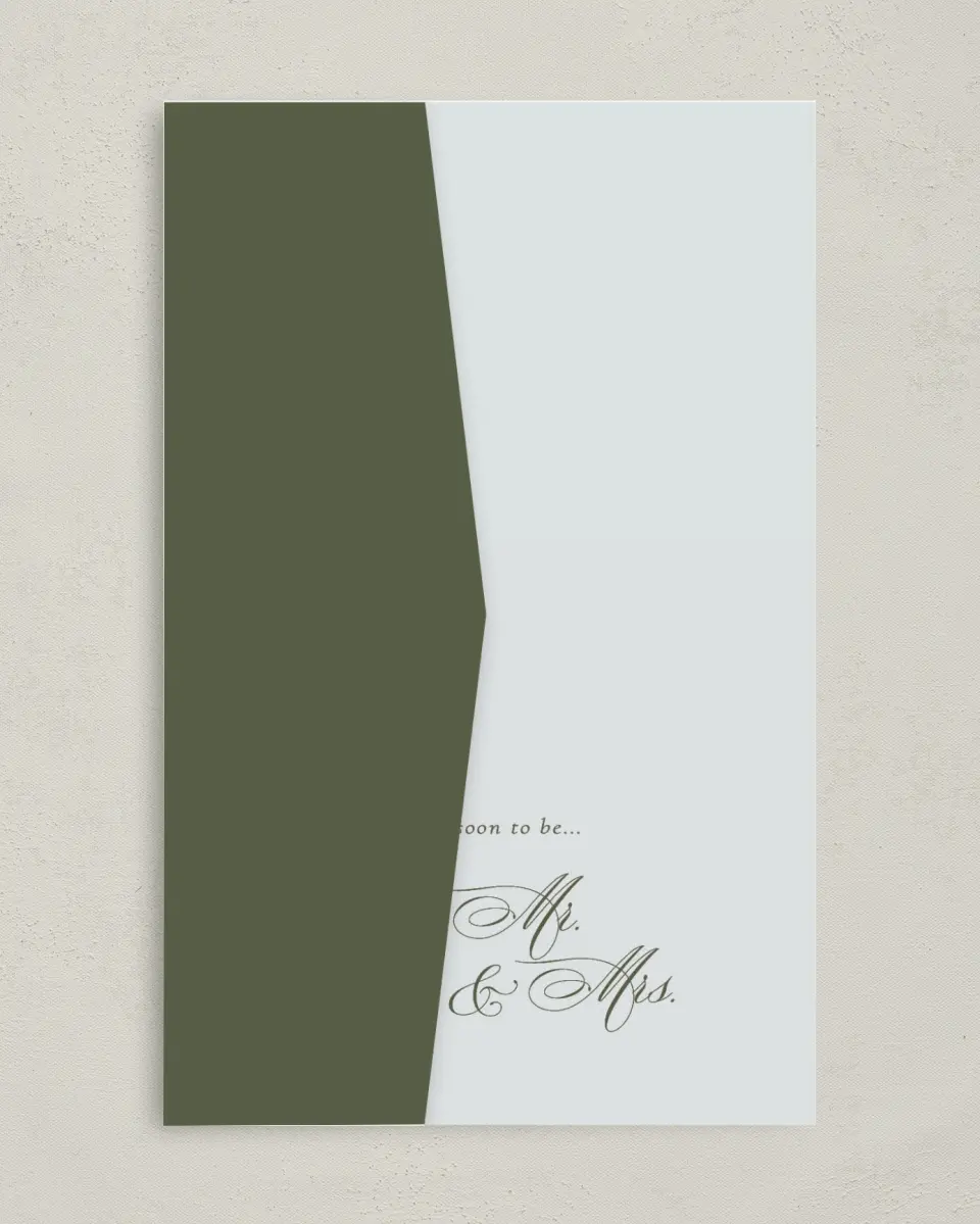 This is a 5" x 7⅞" Pocket Wedding Invitation called Foxfire printed in full color on Premium Smooth paper