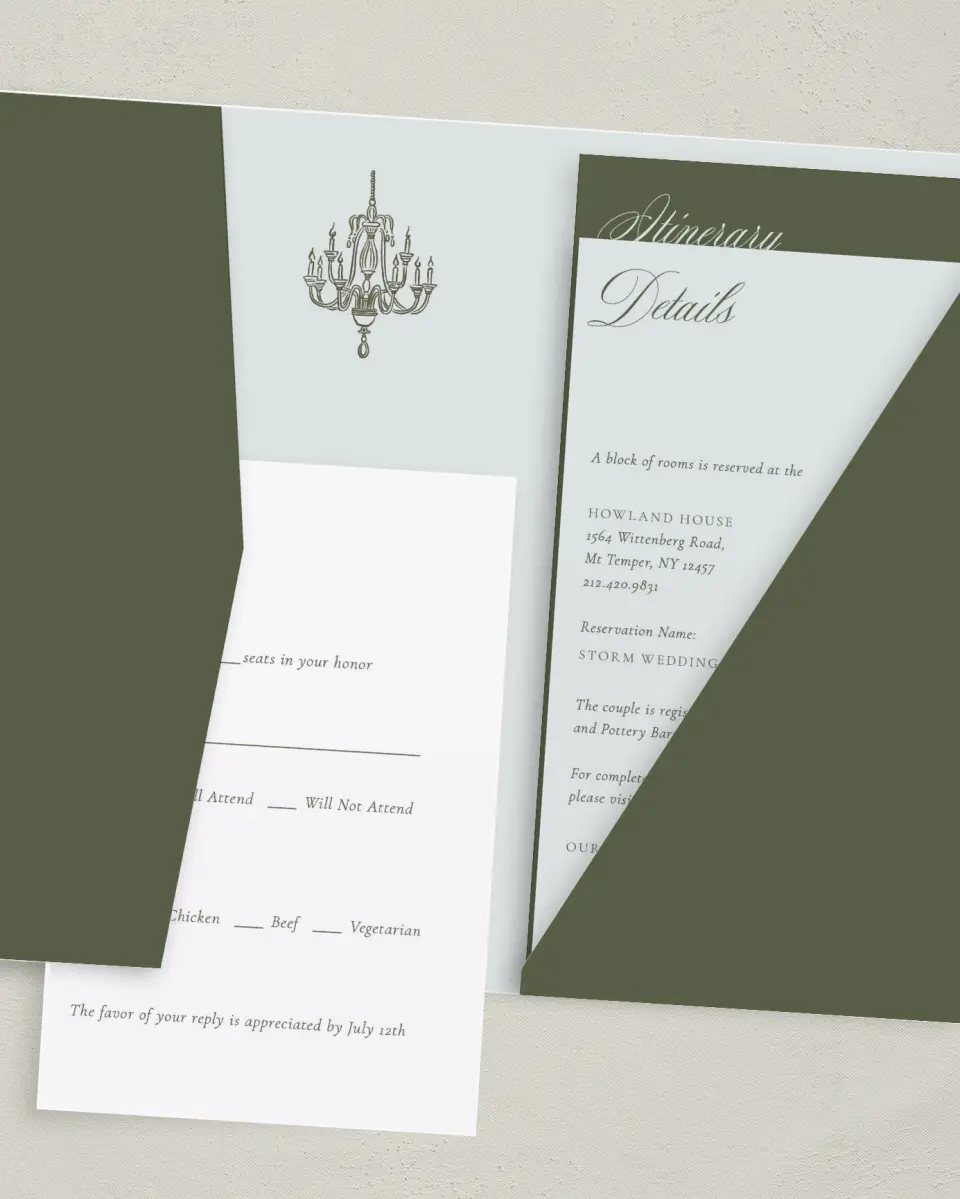 This is a 5" x 7⅞" Pocket Wedding Invitation called Foxfire printed in full color with Gold foil on Luxe Satin (coated) paper