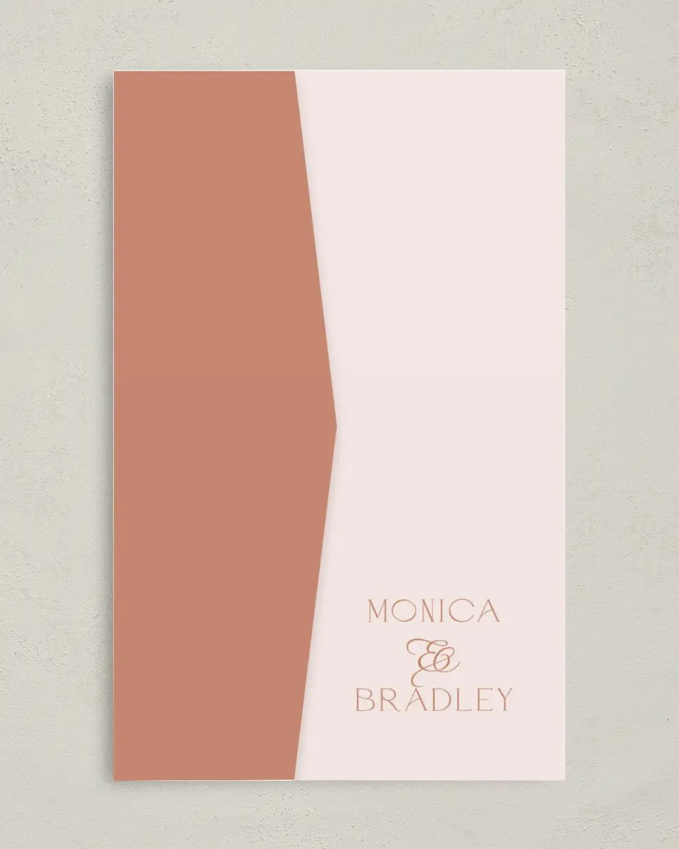 This is a 5" x 7⅞" Pocket Wedding Invitation called Bridgetown printed in full color on Premium Smooth paper