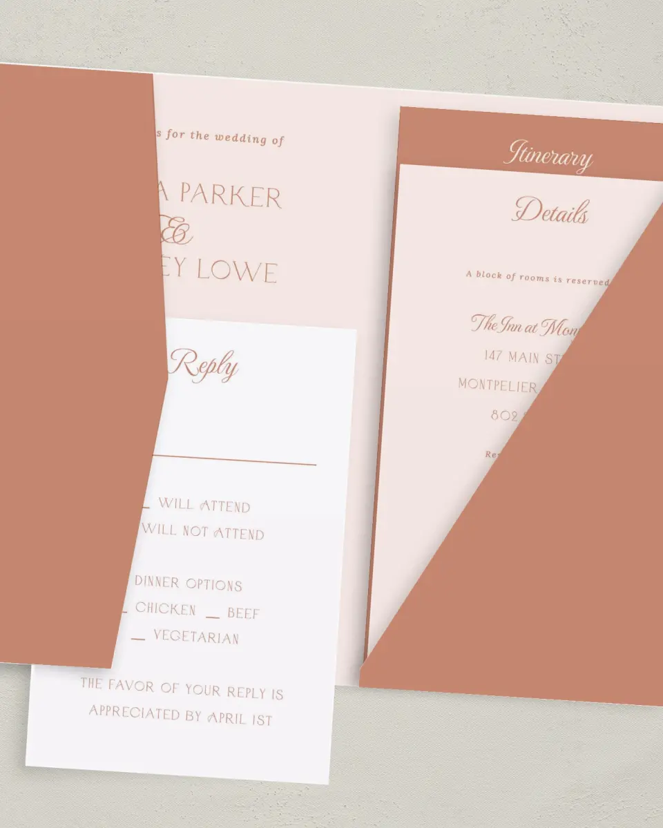 This is a 5" x 7⅞" Pocket Wedding Invitation called Bridgetown printed in full color with Gold foil on Luxe Satin (coated) paper