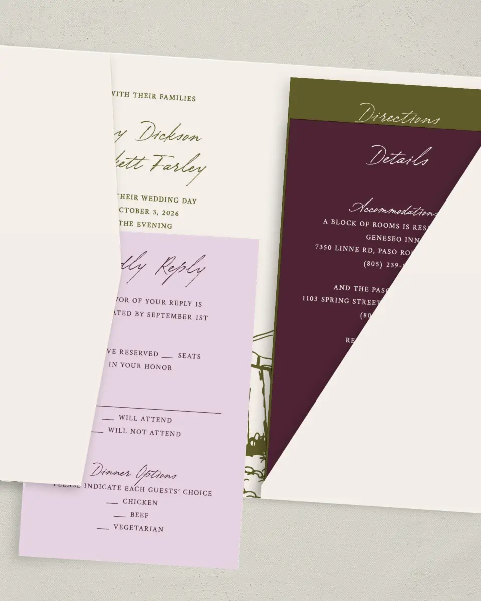 This is a 5" x 7⅞" Pocket Wedding Invitation called Ivyhill printed in full color with Gold foil on Luxe Satin (coated) paper
