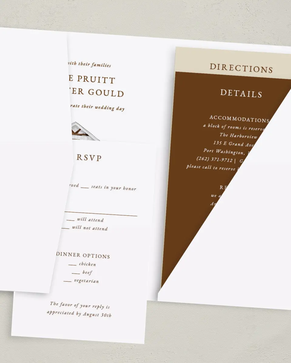 This is a 5" x 7⅞" Pocket Wedding Invitation called Cedarhill Crossing printed in full color with Gold foil on Luxe Satin (coated) paper