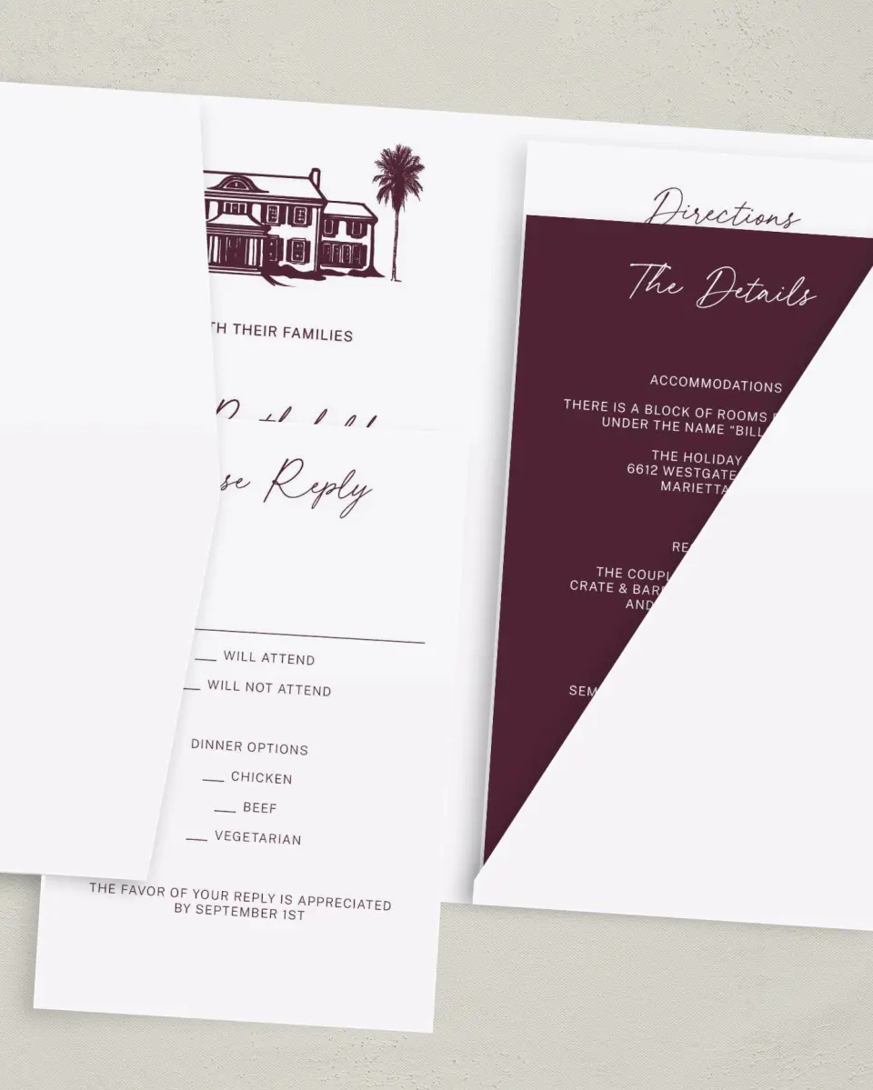 This is a 5" x 7⅞" Pocket Wedding Invitation called The Wilclift printed in full color with Gold foil on Luxe Satin (coated) paper