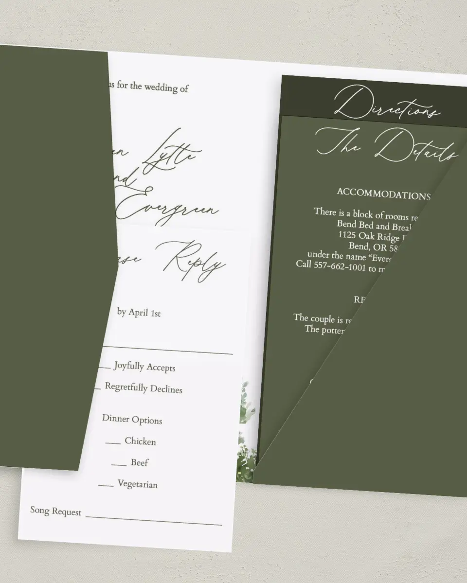 This is a 5" x 7⅞" Pocket Wedding Invitation called Willowmere printed in full color with Gold foil on Luxe Satin (coated) paper