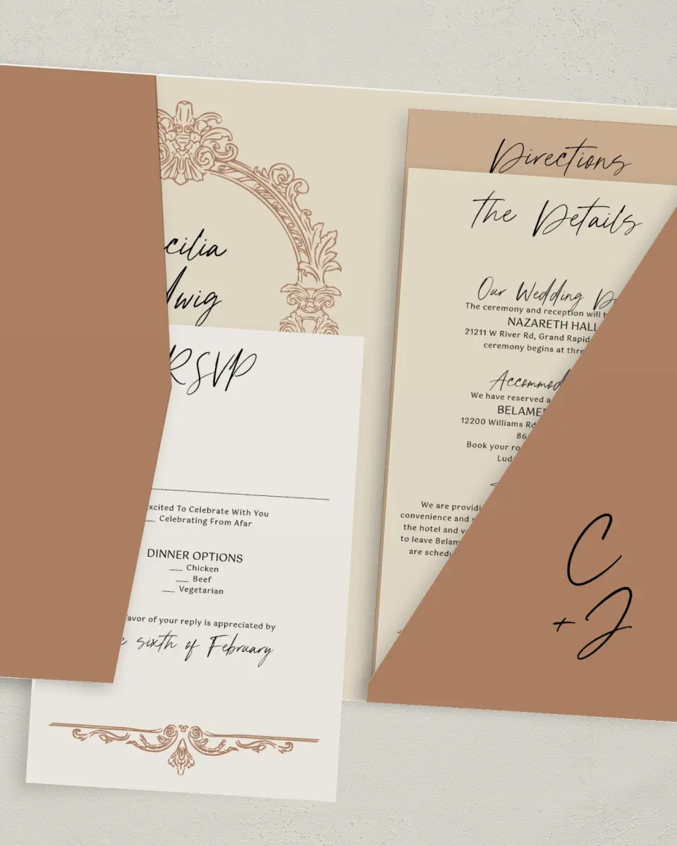 This is a 5" x 7⅞" Pocket Wedding Invitation called Nazareth & Stone printed in full color with Gold foil on Luxe Satin (coated) paper