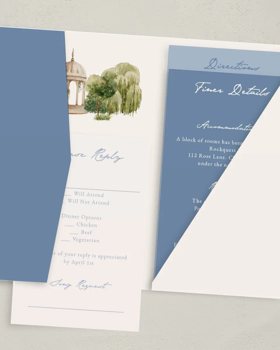This is a 5" x 7⅞" Pocket Wedding Invitation called Rosewood printed in full color with Gold foil on Luxe Satin (coated) paper