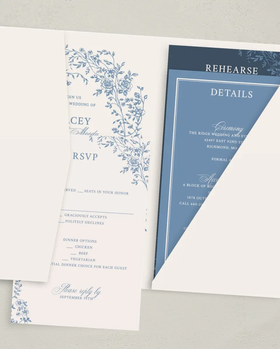 This is a 5" x 7⅞" Pocket Wedding Invitation called Vintage Reverie printed in full color with Gold foil on Luxe Satin (coated) paper