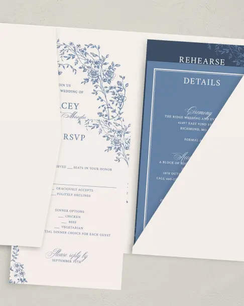 This is a 5" x 7⅞" Pocket Wedding Invitation called Vintage Reverie printed in full color on Premium Smooth paper