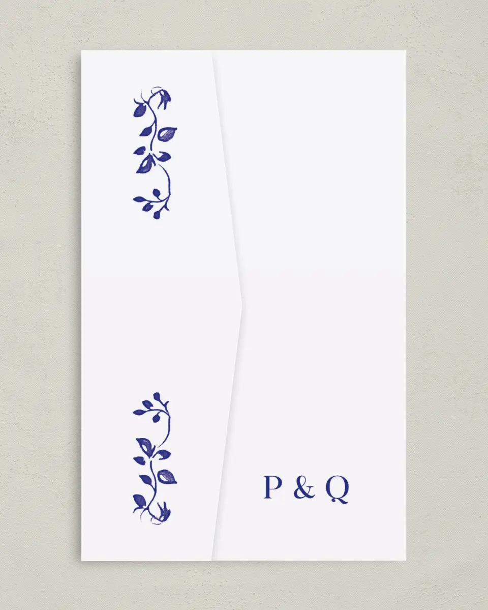 This is a 5" x 7⅞" Pocket Wedding Invitation called Storybook Garden printed in full color on Premium Smooth paper
