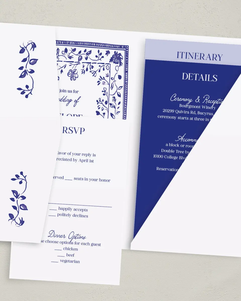 This is a 5" x 7⅞" Pocket Wedding Invitation called Storybook Garden printed in full color with Gold foil on Luxe Satin (coated) paper
