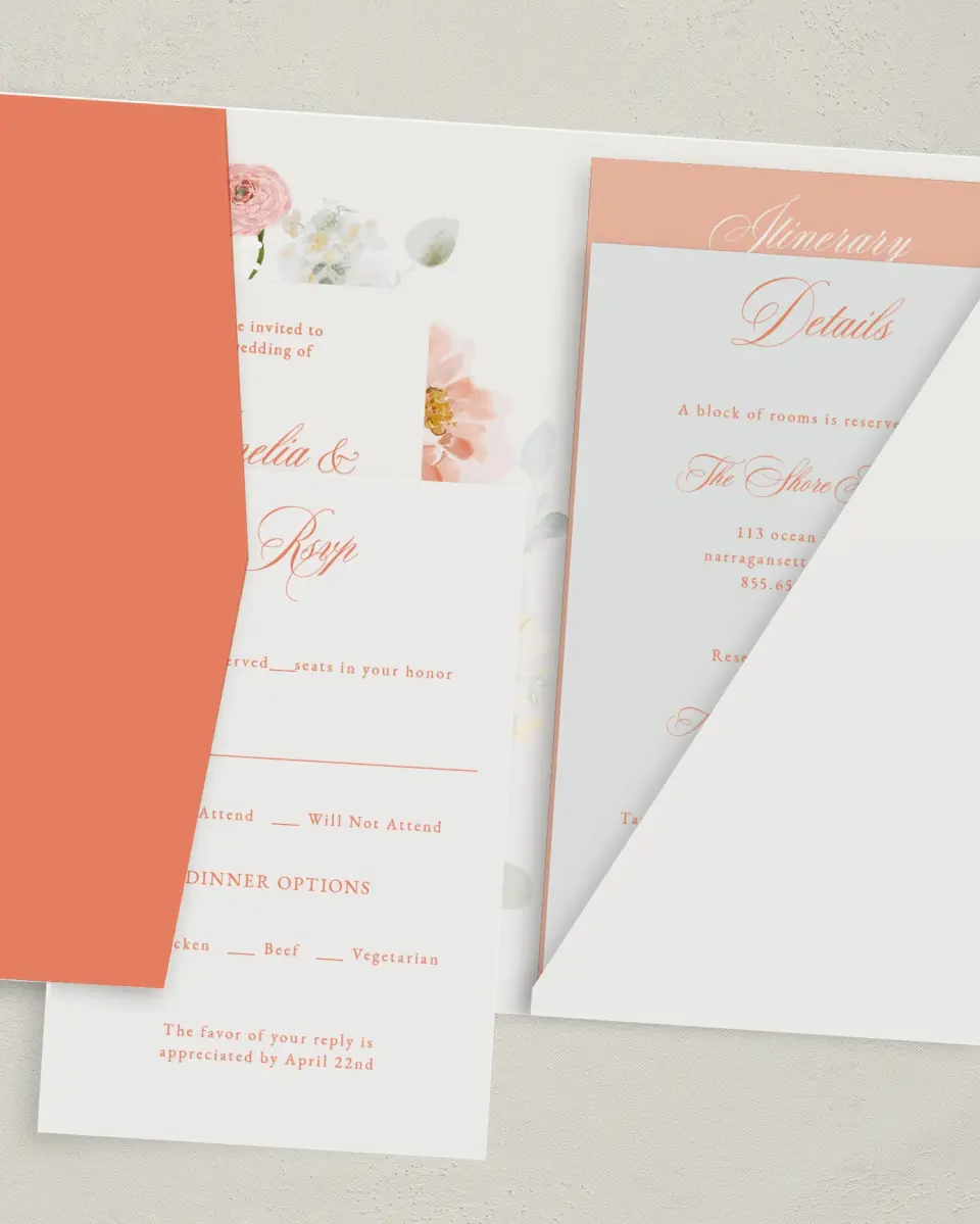 This is a 5" x 7⅞" Pocket Wedding Invitation called Forever Favorite printed in full color with Gold foil on Luxe Satin (coated) paper