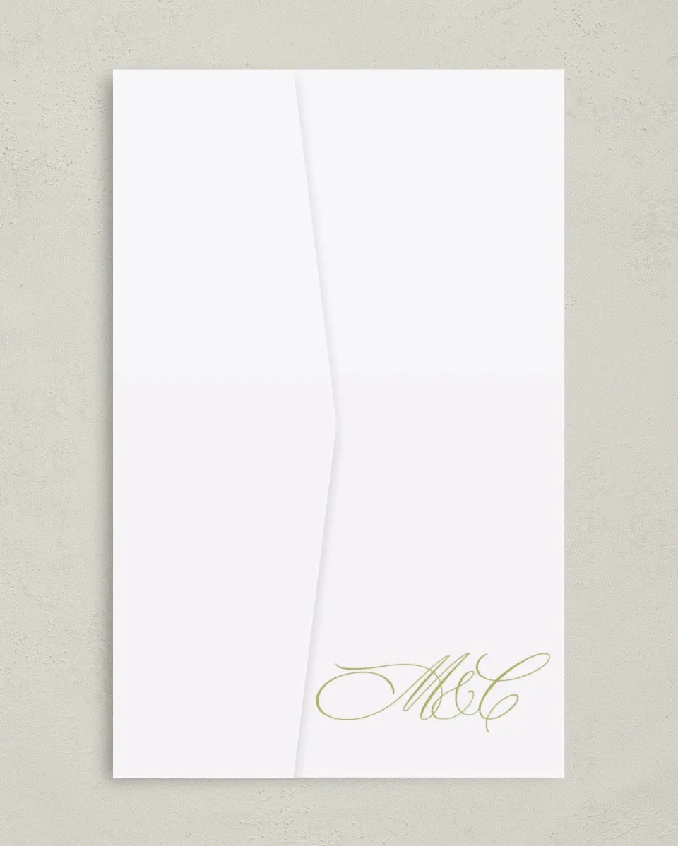 This is a 5" x 7⅞" Pocket Wedding Invitation called Evening in Bloom printed in full color on Premium Smooth paper